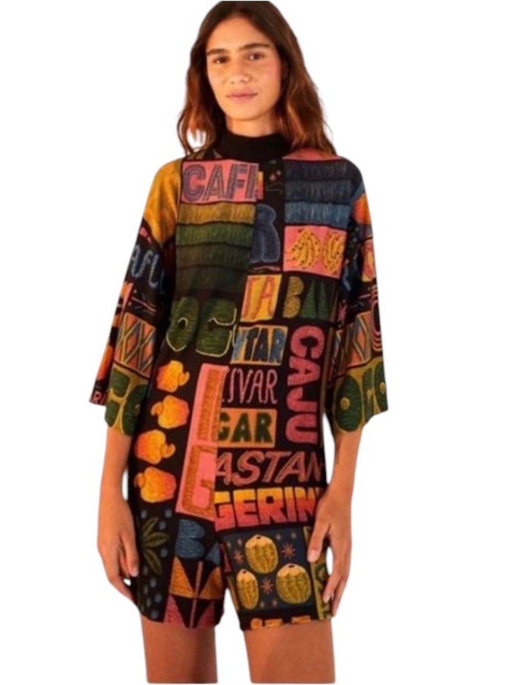 Farm Rio Fruit Multicolor Print Boho Half Sleeve Mock Neck Brazilian Romper M